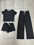 Girls Printed Lounge 3 Pc Short Sleeve Top Pants and Shorts Set