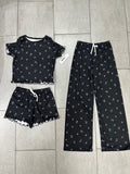 Girls Printed Lounge 3 Pc Short Sleeve Top Pants and Shorts Set