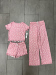 Girls Printed Lounge 3 Pc Short Sleeve Top Pants and Shorts Set