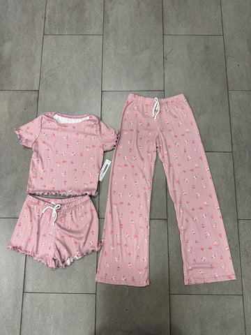 Girls Printed Lounge 3 Pc Short Sleeve Top Pants and Shorts Set