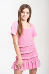 GIRLS ISABELLA LEATHER SMOCKED SHORT SLEEVE DRESS